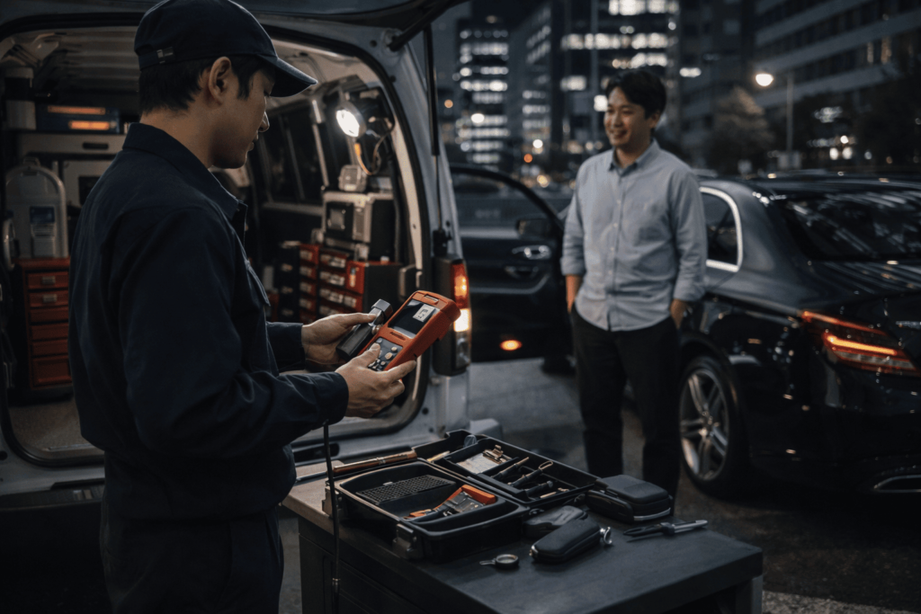 夜の街中で、出張鍵業者が高級輸入車の鍵トラブル対応に到着した場面