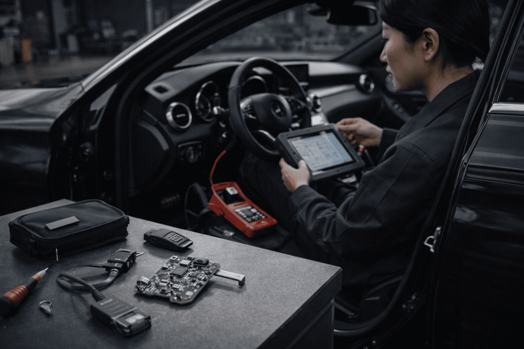 整備工場で技術者が診断機と電子部品を使い、イモビライザーキーの登録作業を行っている様子