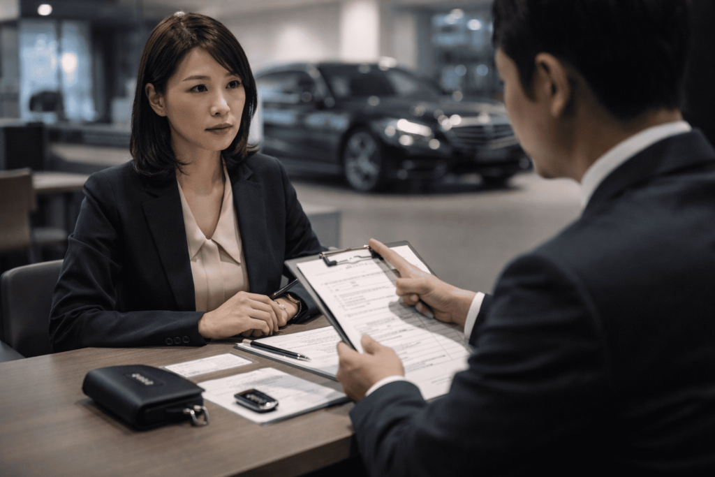 正規ディーラーの受付で、鍵再発行について書類を確認しながら相談する女性の様子