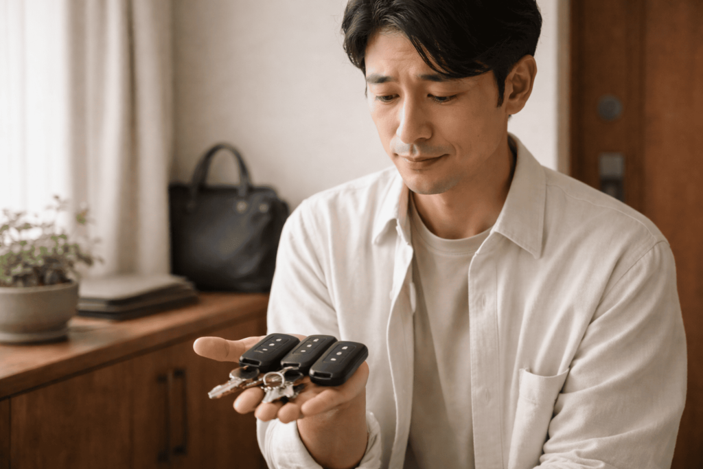 複数のスマートキーを手に持ち、かさばりに悩む日本人男性の外出前の様子