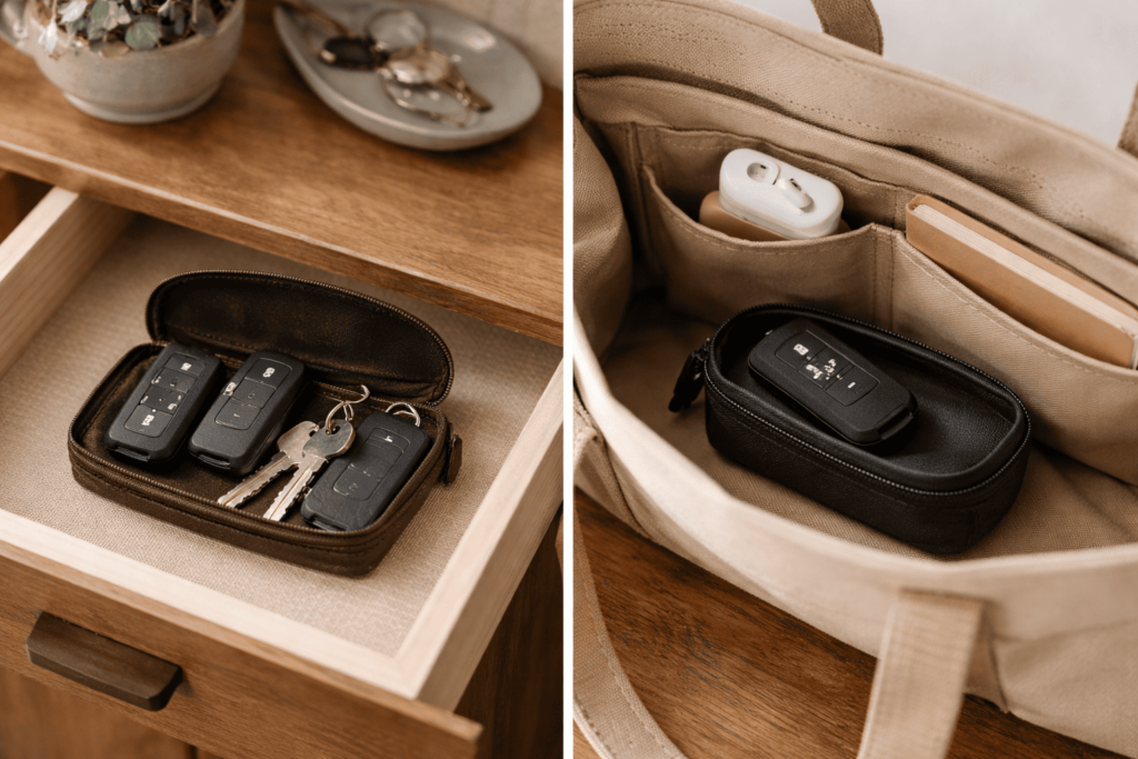 スマートキーと家の鍵がメイン用と予備用に分けて整理された収納イメージ