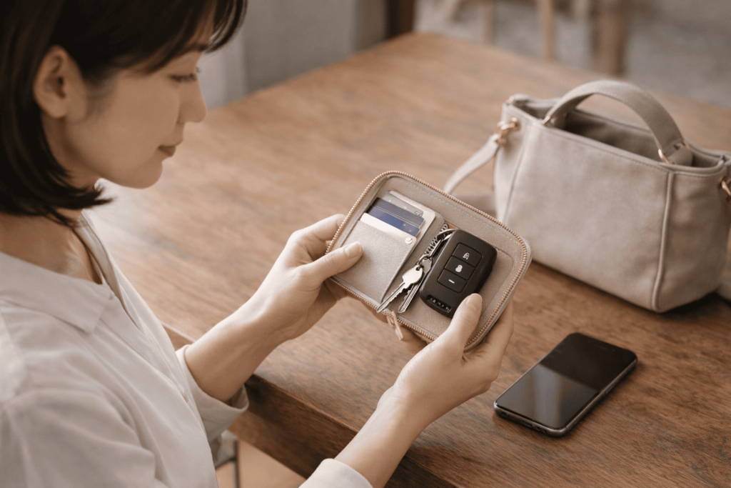 財布とキーケースが一体化したアイテムを手に持ち、軽やかな外出準備をする日本人女性