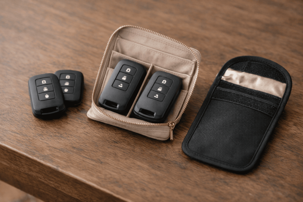 スマートキー、仕切り付きケース、電波遮断ポーチが並び、防犯と干渉対策を示すイメージ