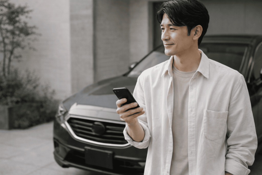 スマートフォンだけを持って車の前に立ち、デジタルキーによる手ぶら外出を表現する日本人男性