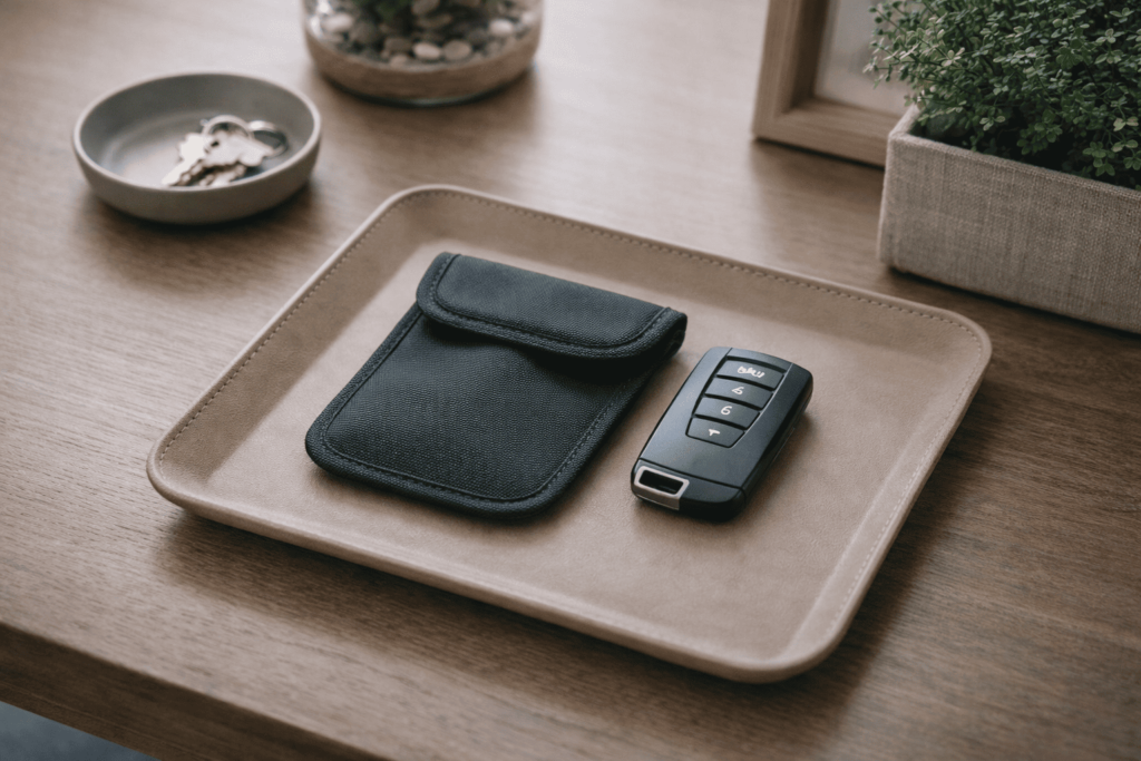 スマートキーと電波遮断ケースが整然と置かれた、防犯対策と日常の備えを表すイメージ