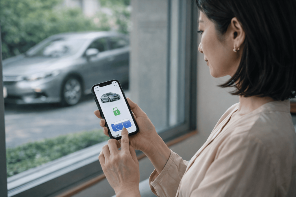 室内でスマートフォンを確認し、遠隔で車の施錠状態を見守るイメージの日本人女性