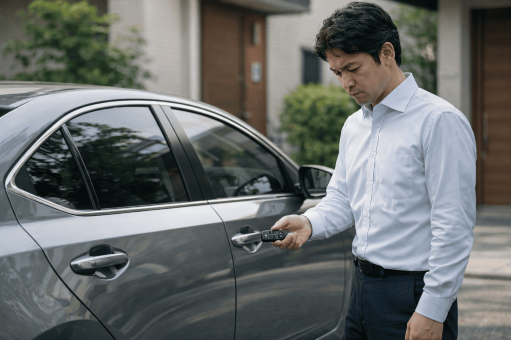 車のそばでスマートキーを確認しながら冷静に対処する日本人男性の様子