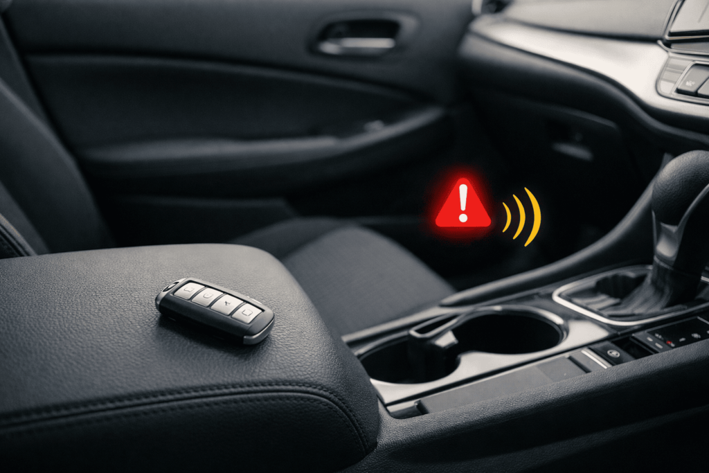 車内のシート付近にスマートキーが置かれ、置き忘れによるインロック防止を連想できる解説イメージ