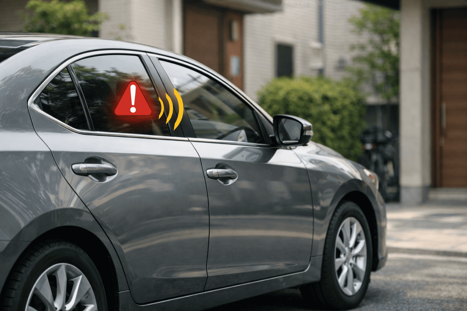 静かな駐車スペースに停車した乗用車が、鍵のかけ忘れや警告ブザーを想起させる緊張感のある雰囲気で写る導入イメージ