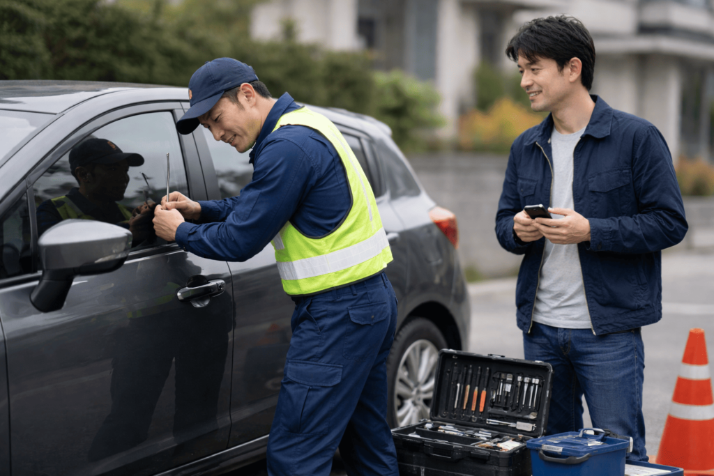 出張鍵屋の技術者に相談して安心する日本人男性が、スマートキーを手にサポートを受けている様子