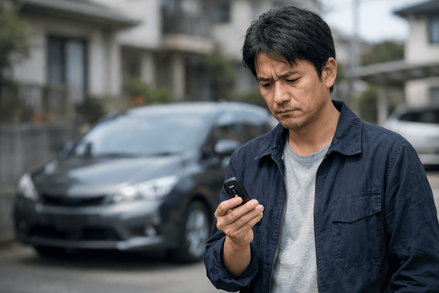 駐車場でスマートキーを手に困った表情の日本人男性が、イモビライザー登録を自分で調べているイメージ