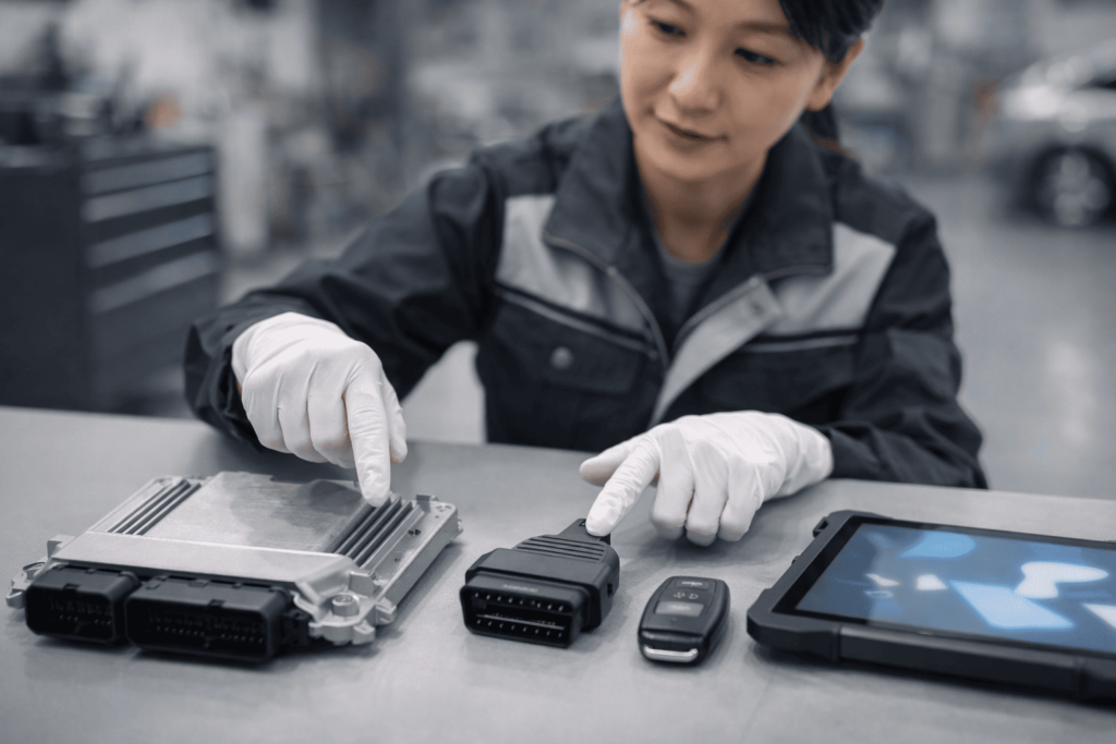 ECUとOBD2コネクタ、スマートキーを前に日本人女性技術者がイモビライザーの仕組みを説明している作業台の写真