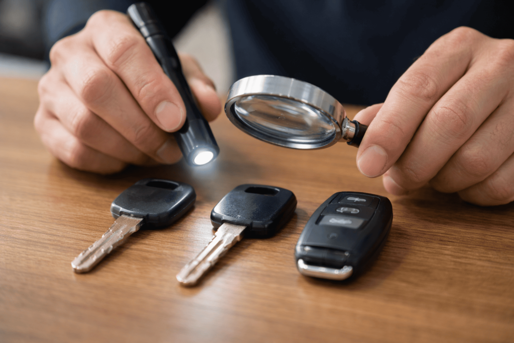 鍵の金属部分の刻印をライトと拡大鏡で確認してチップ種類を見分けている手元のアップ