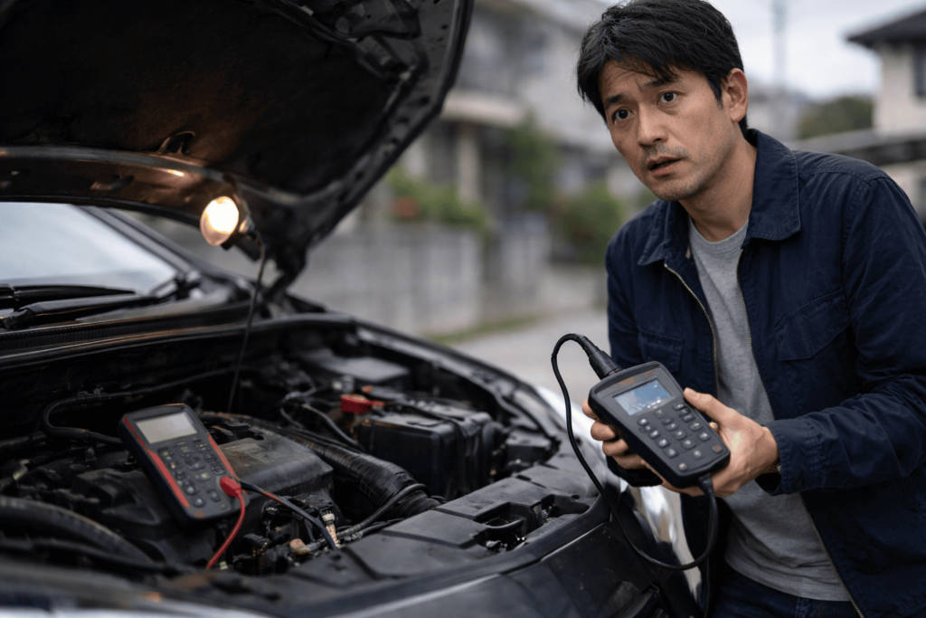 OBD2機器を接続して作業中、電圧低下や失敗リスクに焦る日本人男性と開いたボンネットの情景
