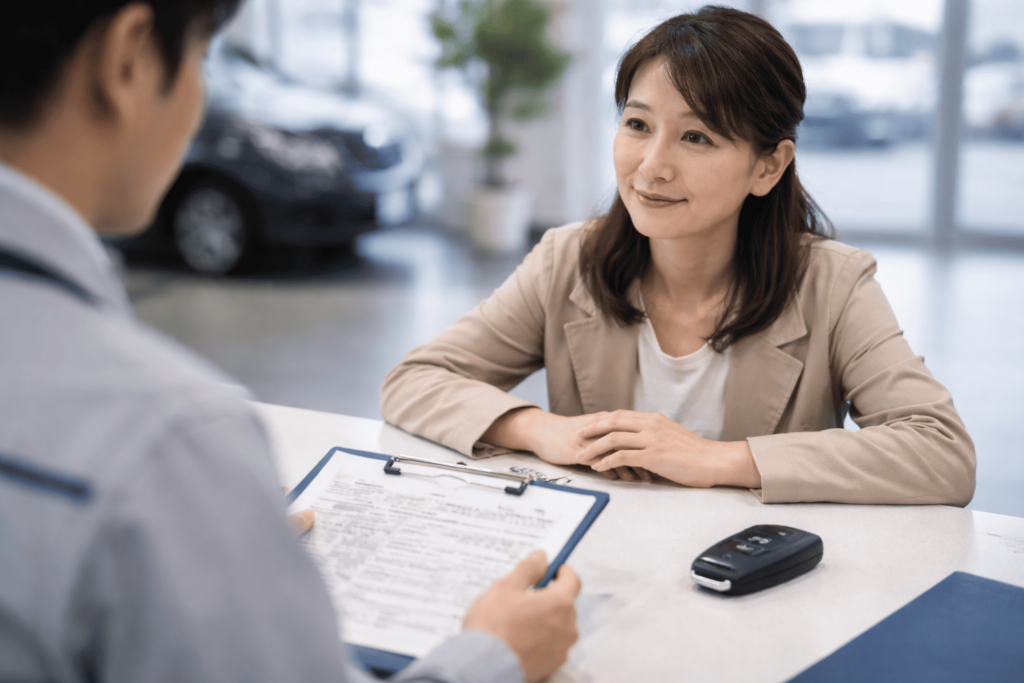 ディーラー風の受付カウンターで費用相談をする日本人女性と、スマートキー・車検証を提示する場面