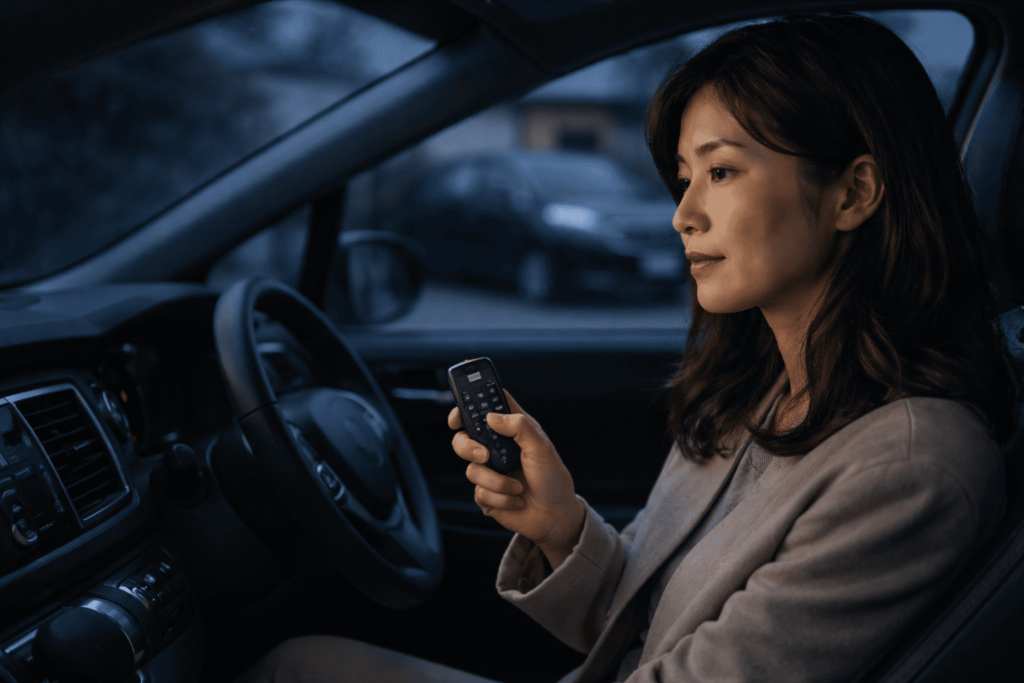 車内でキーレスリモコンを手にしてアラーム誤作動時の正しい対処を想起させる女性のイメージ