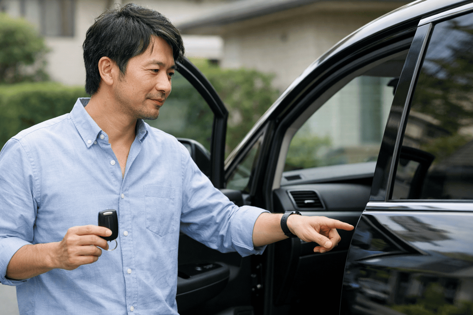 エリシオン風ミニバンの前でスマートキー後付けを検討する日本人男性オーナーのイメージ