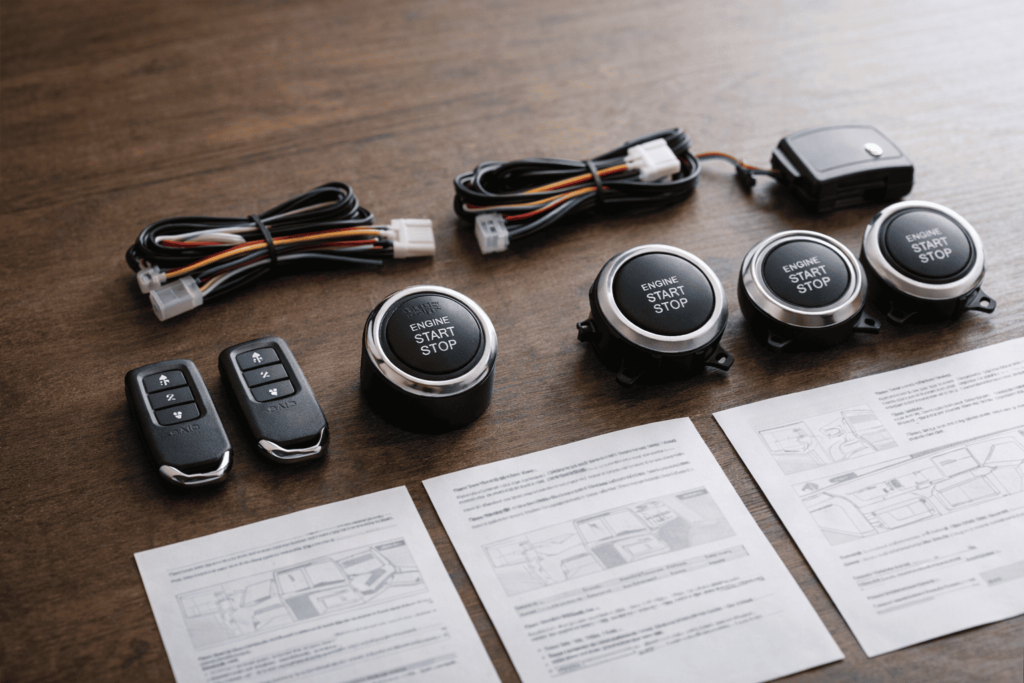 後付けプッシュスタートキットの機能や構成の違いを比較しやすく並べた部品イメージ