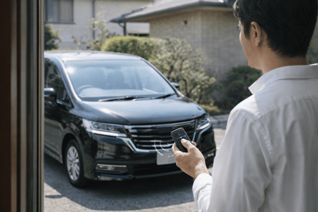 自宅から車に向けてリモコン操作しエンジンスターターの便利さを想起させる男性のイメージ