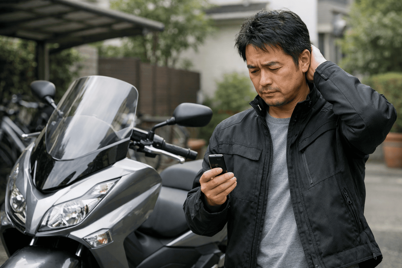 フォルツァMF08風スクーターのそばで、反応しないスマートキーを確認しながら困惑する日本人男性ライダーの様子