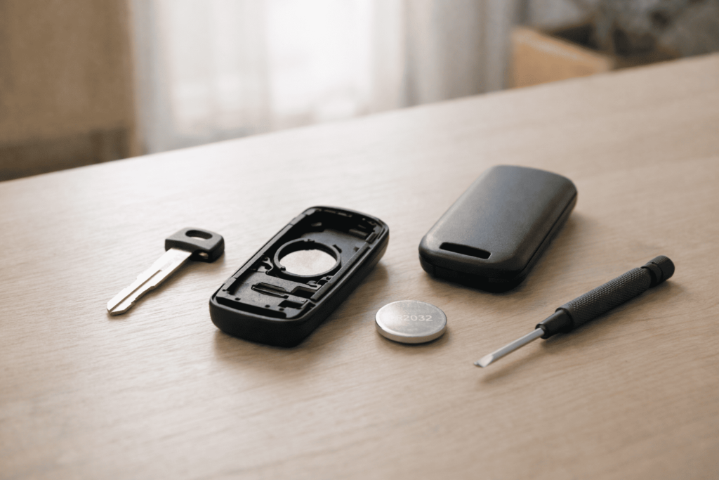 スマートキー本体、メカニカルキー、CR2032電池、マイナスドライバーを並べた電池交換準備イメージ