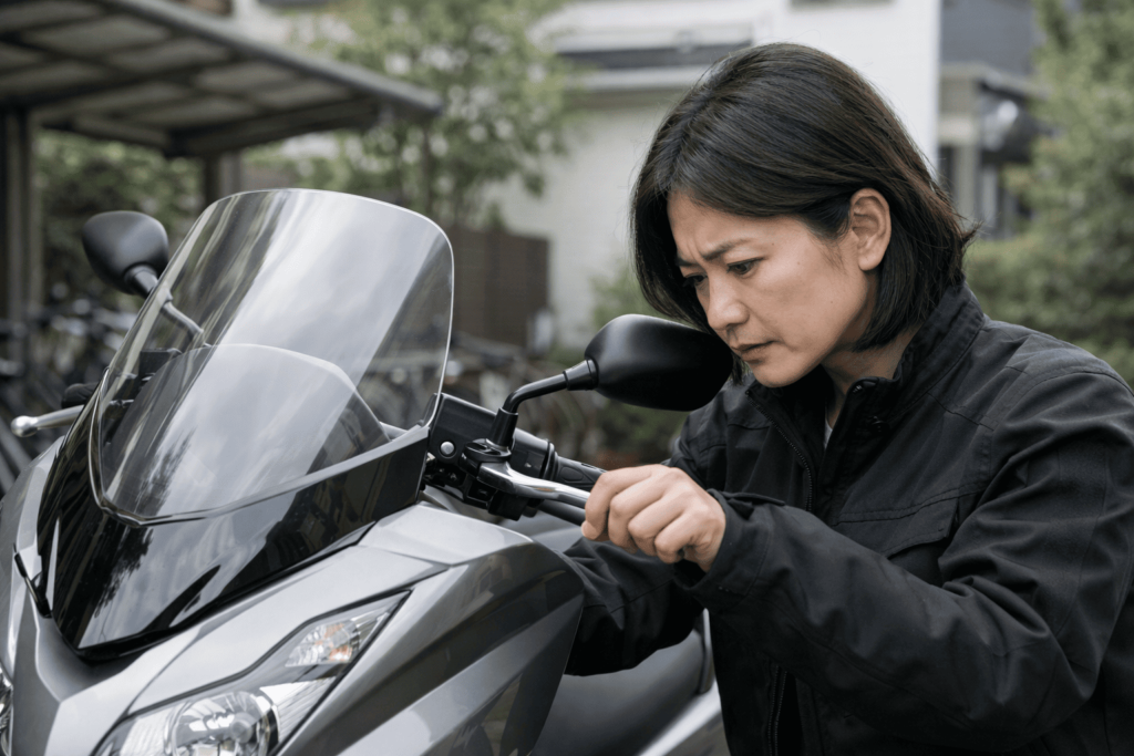 スクーターのブレーキレバーを握りながらメインスイッチ周辺を確認する日本人女性ライダー