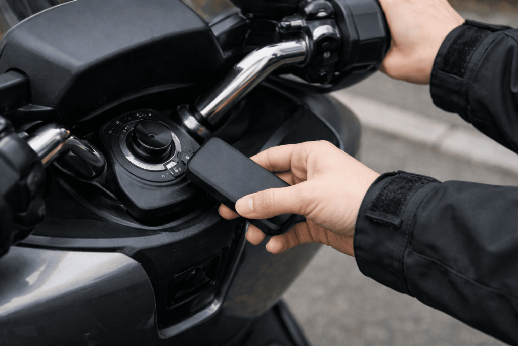 スクーターのパワースイッチ近くにスマートキーを接近させて緊急始動を試す手元の様子