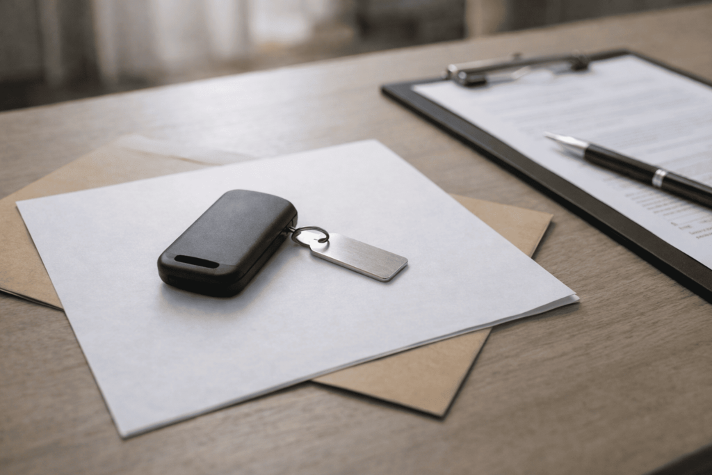 スマートキーとIDタグ風プレート、書類を並べて紛失時の負担を連想させる注意喚起イメージ