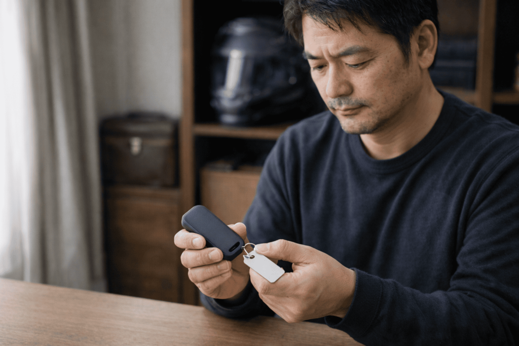 スマートキーとIDタグを確認しながら日常の備えを見直す日本人男性の様子