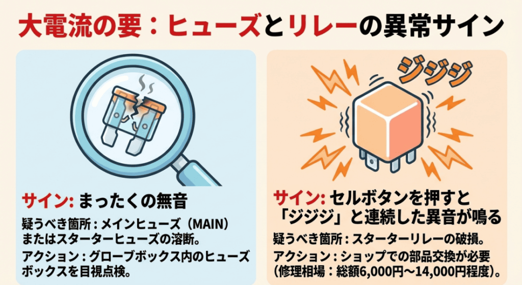 大電流の要ヒューズとリレーの異常サインを説明した画像