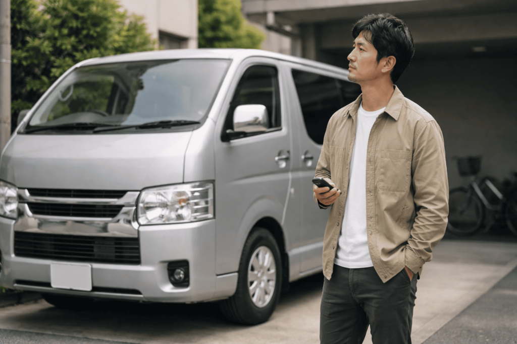 ハイエースの前でスマートキーを手に後付けを検討する日本人男性