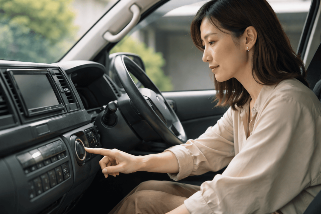 後付けプッシュスタートボタンを操作する日本人女性ドライバー