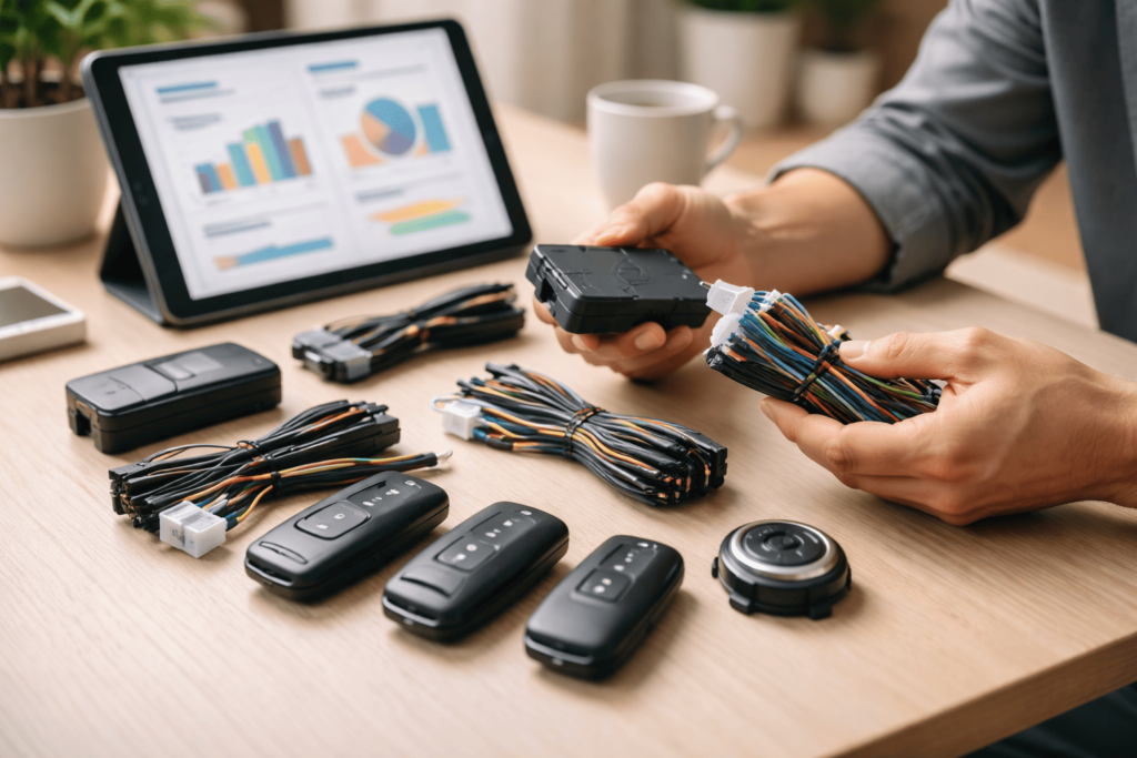 複数のスマートキーキット部品を比較検討する日本人男性の手元