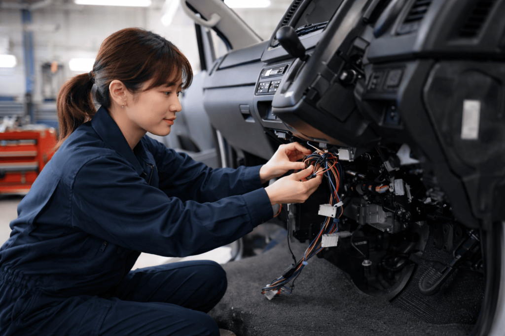 整備工場で電装作業を行う日本人女性整備士
