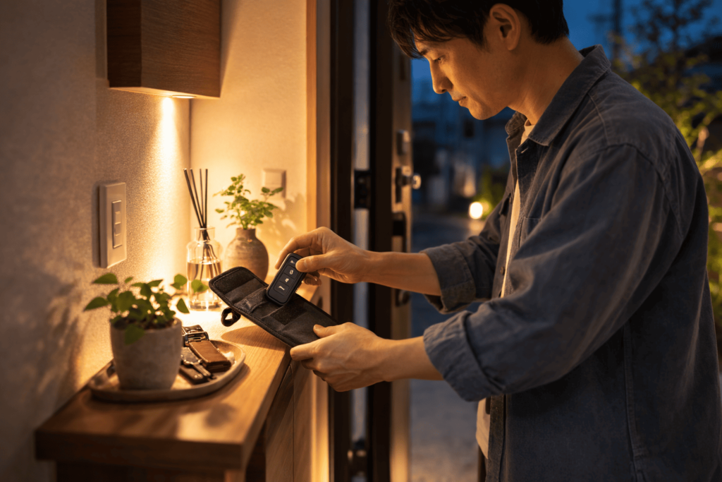 電波遮断ポーチにスマートキーを保管する日本人男性の防犯対策シーン
