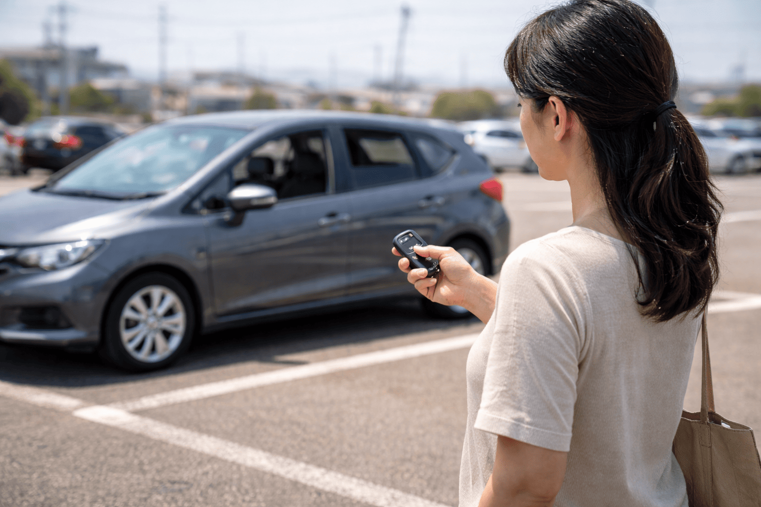 炎天下の駐車場で日本人女性がスマートキーで窓を遠隔操作し換気しているアイキャッチ