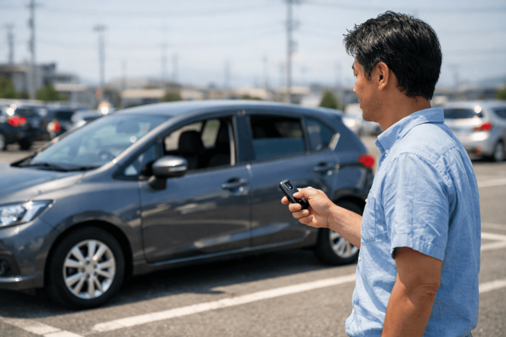 炎天下の駐車場で日本人男性がスマートキー操作により車の窓を遠隔で開けている様子