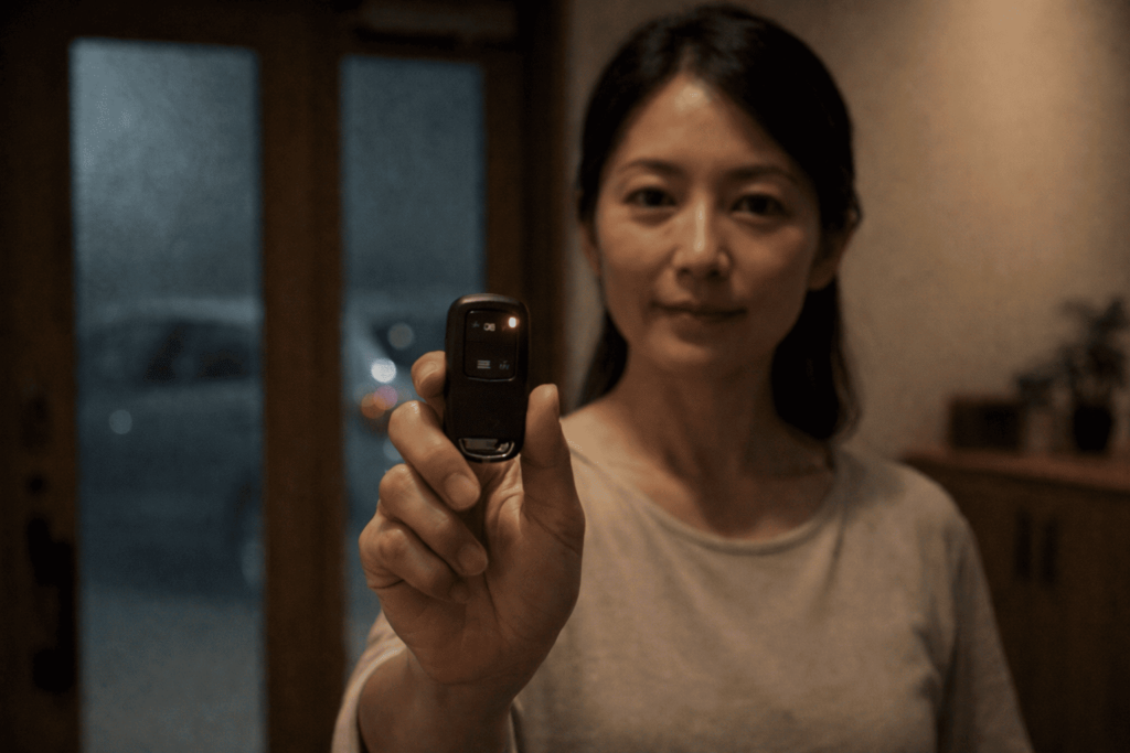 日本人女性が玄関先でスマートキーの節電モードを設定しているイメージ