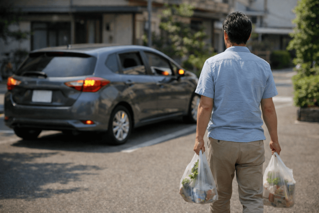 買い物袋を持った日本人男性が車から離れオートロックが作動している様子