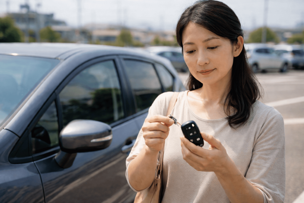 駐車場でスマートキーからメカニカルキーを取り出す日本人女性