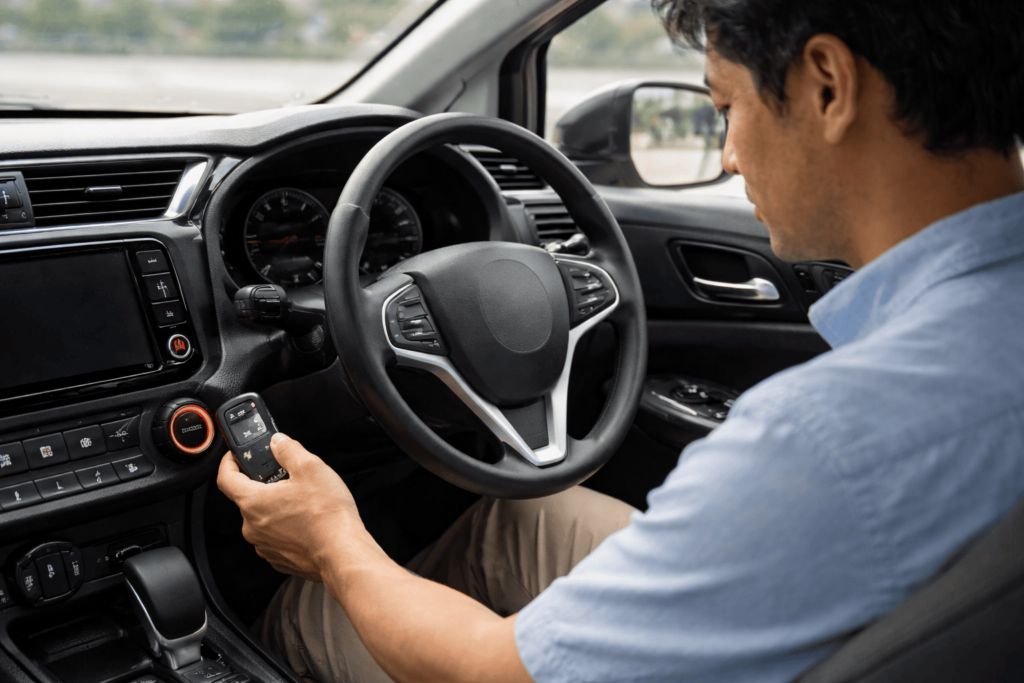 電池切れ時にスマートキーをスタートボタンに当ててエンジン始動を試みる日本人男性
