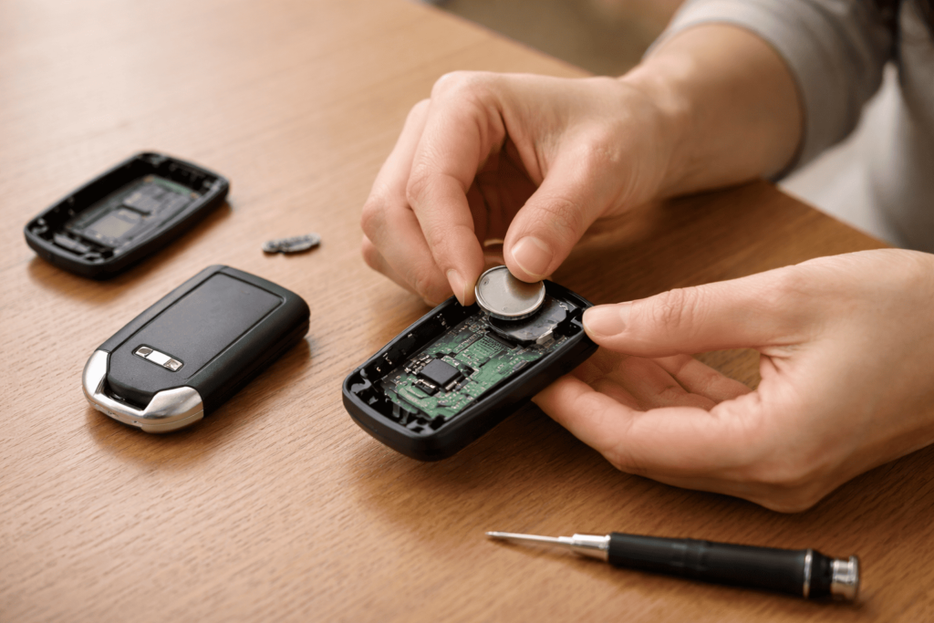 室内テーブル上でスマートキーのボタン電池を交換している日本人女性の手元