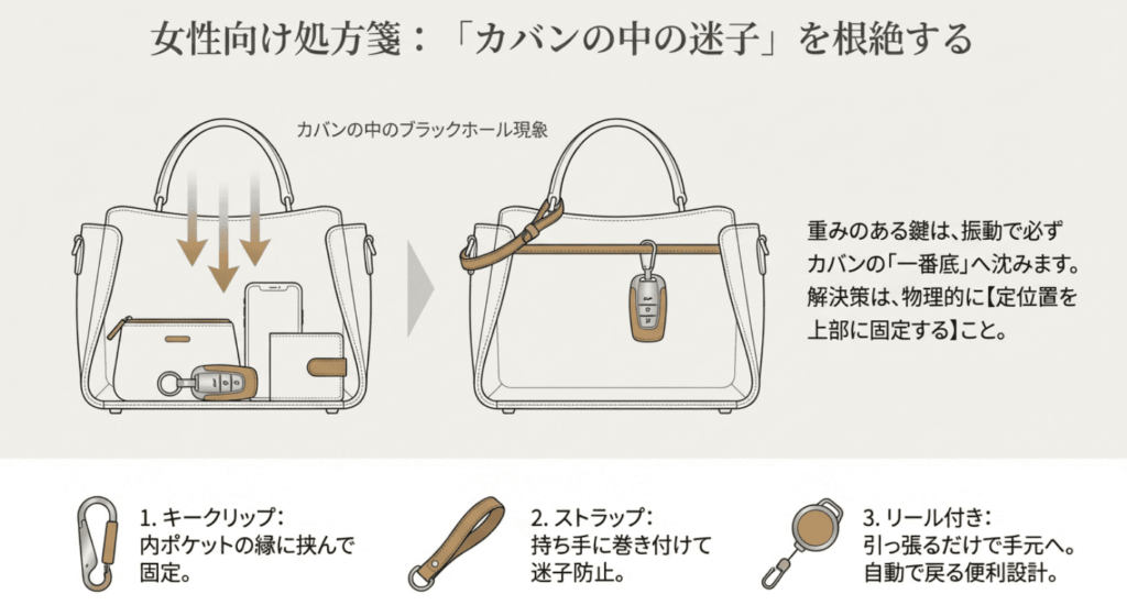 女性はカバンの中の迷子を根絶すべき