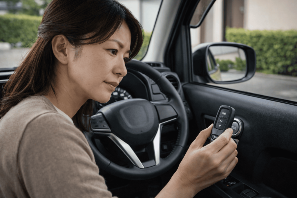 日本人女性が車内でスマートキーをスタートボタンに近づけ、電池切れ時の緊急始動手順を落ち着いて試している様子