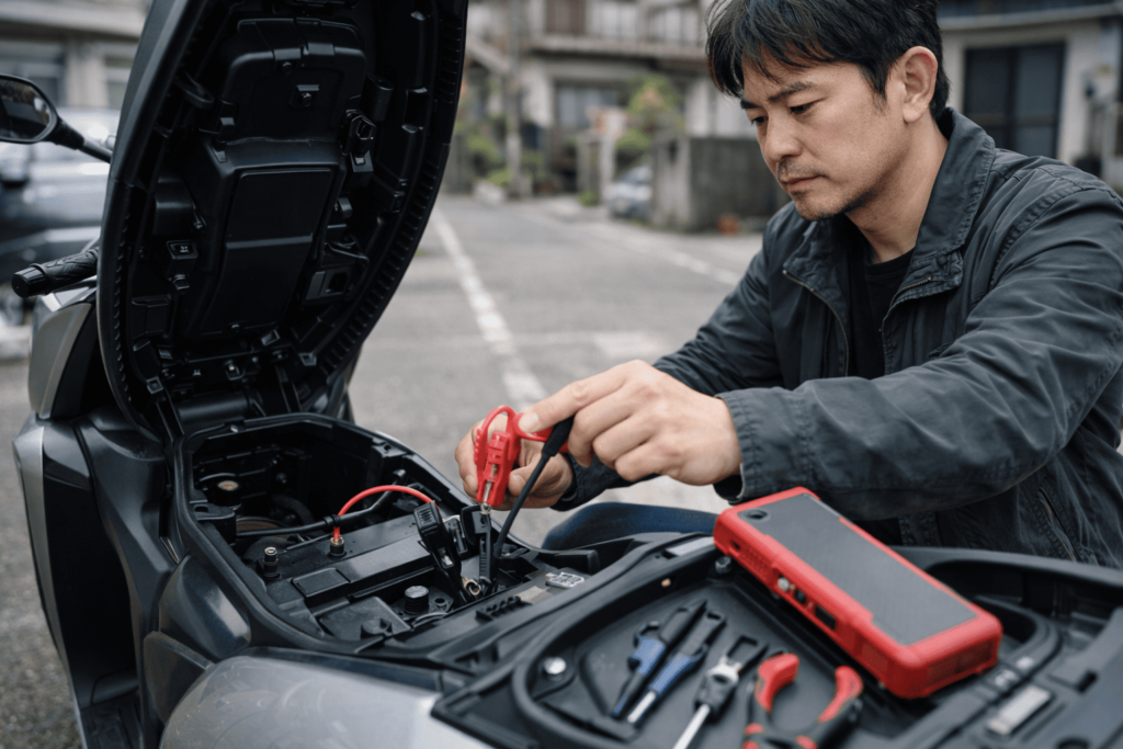 スクーターのバッテリーにジャンプスターターを接続する作業