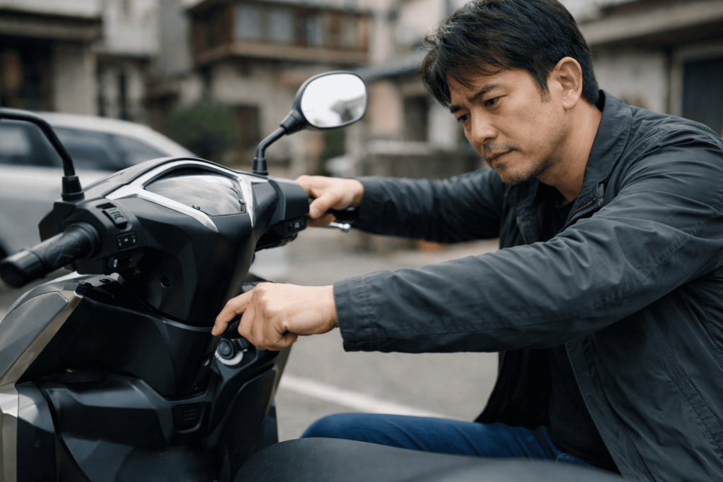 ハンドルを左右に動かしながらスクーターのメインスイッチを回す様子