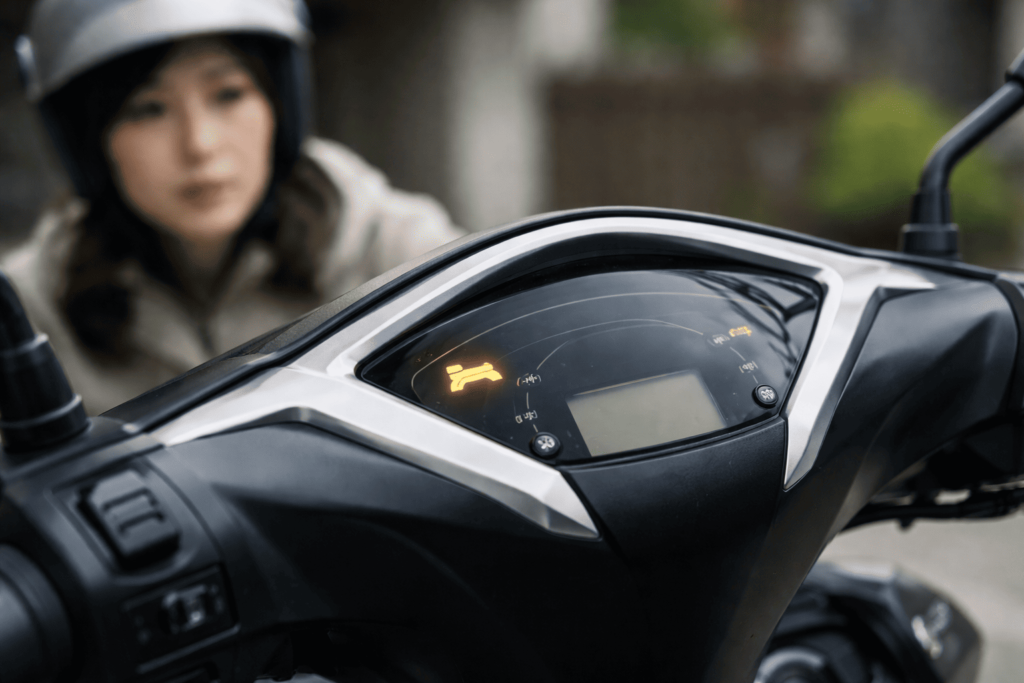 スクーターのメーターパネルにスマートキー警告灯が点灯している様子