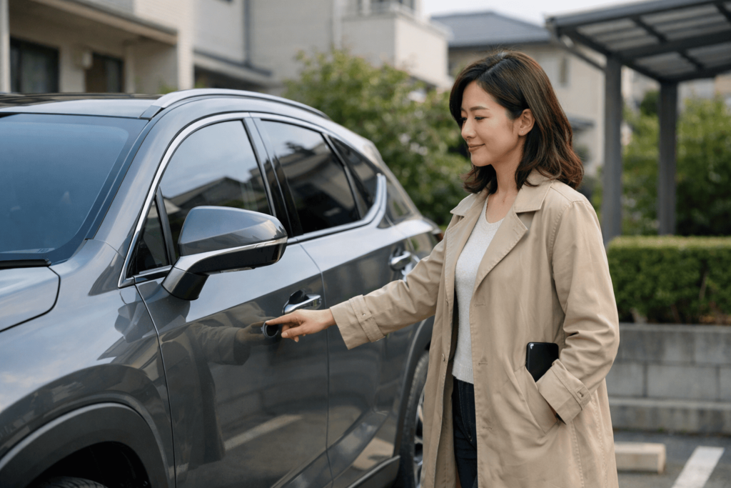日本の住宅街の駐車場で、スマホをポケットに入れたままドアハンドルに触れて解錠する女性