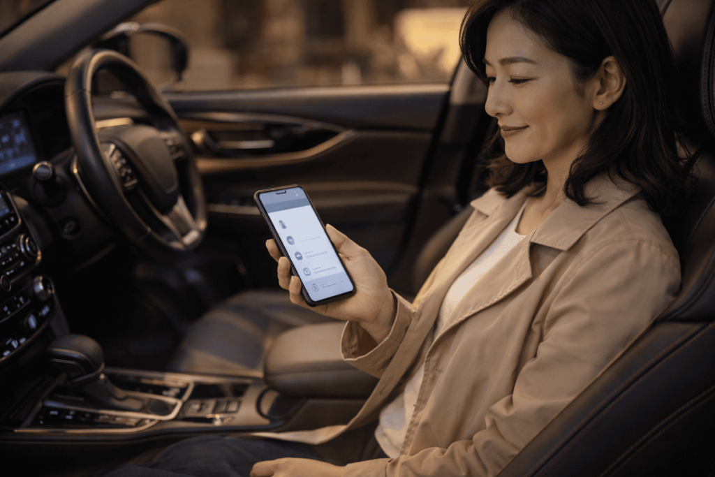 車内でシート位置が自動調整され、スマホ連携で自分設定が呼び出される様子