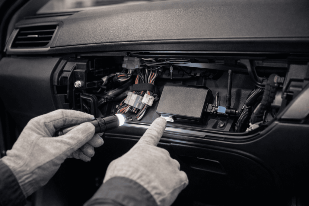 車両側に組み込まれる通信モジュールや配線を示し、後付けが難しいことを示す整備イメージ